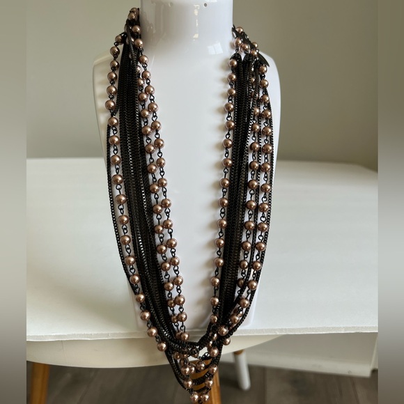 NWT Vintage Coldwater Creek Necklace Tan Pearl Beads and Dark Brown Chain - Picture 2 of 7